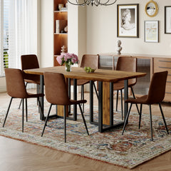 Table and chair set.67"x36" Wood-Textured MDF Dining Table Set with 6 Brown Suede Chairs.MDF sticker,Wood colored texture sticker,Brown armless dining chair,Suitable for kitchen,Dining room,etc.