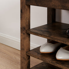 A height-adjustable shoe-changing bench made of high-quality wood, equipped with a comfortable seat and concealed storage space, featuring charcoal-grained wood ,Vintage