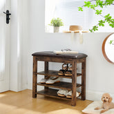 A height-adjustable shoe-changing bench made of high-quality wood, equipped with a comfortable seat and concealed storage space, featuring charcoal-grained wood ,Vintage