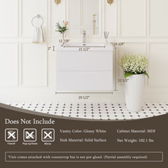 30" Floating Bathroom Vanity with Sink, Modern Wall-Mounted Bathroom Storage Vanity Cabinet with Solid Surface Top Basin and Soft Close Drawers Fully Assembled, Glossy White GF-24V11-30GW-W1573P152684