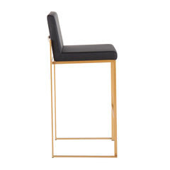 Fuji 30" Contemporary High Back Barstool in Gold Steel and Black Faux Leather by LumiSource - Set of 3