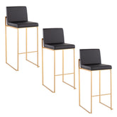 Fuji 30" Contemporary High Back Barstool in Gold Steel and Black Faux Leather by LumiSource - Set of 3