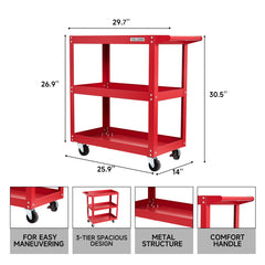 Tool Dorm Utility Service Cart, 3 Shelf 200LBS Heavy Duty Steel Rolling Utility Cart, Medium Lipped Shelf, 360° Swivel Wheels, Ergonomic Storage Handle for Warehouse Garage, Red