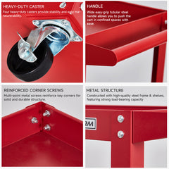 Tool Dorm Utility Service Cart, 3 Shelf 200LBS Heavy Duty Steel Rolling Utility Cart, Medium Lipped Shelf, 360° Swivel Wheels, Ergonomic Storage Handle for Warehouse Garage, Red