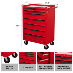 7-Drawer Rolling Tool Chest Cabinet, Large Capacity Metal Tool Box with Wheels and Cylinder Locking, Roll Around Storage Organizer Tool Cart for Garage, Warehouse, Work Shop - Red