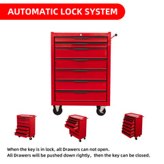 7-Drawer Rolling Tool Chest Cabinet, Large Capacity Metal Tool Box with Wheels and Cylinder Locking, Roll Around Storage Organizer Tool Cart for Garage, Warehouse, Work Shop - Red