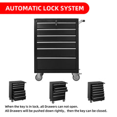 6-Drawer Rolling Tool Chest Cabinet, Large Capacity Metal Tool Box with Wheels and Locking, Roll Around Storage Organizer Tool Cart for Garage, Warehouse, Work Shop - Black