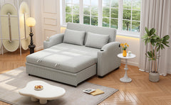 61.6" Pull Out Sofa Bed Modern Chenille Convertible Loveseat Sofa with Adjsutable Backrest, 2 Pillows, Cup Holders, USB Ports for Living Room, Apartment, White Gray