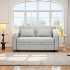 61.6" Pull Out Sofa Bed Modern Chenille Convertible Loveseat Sofa with Adjsutable Backrest, 2 Pillows, Cup Holders, USB Ports for Living Room, Apartment, White Gray