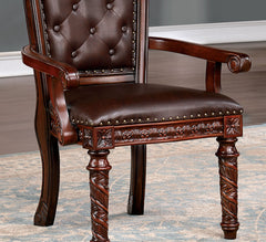 Traditional 2pcs Arm Chairs Brown Cherry Solid wood Dark Brown Leatherette Seats Tufted Back Formal Dining Room Furniture