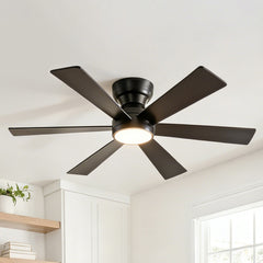 46" Flush Mount Ceiling Fan with Lights Remote Control,Quiet DC Motor 6 Plywood Blade Ceiling Fans 6 Speed Levels,Reversible Ceiling Fan, for Patio Living Room, Bedroom, Office,Indoor.((Matte Black )