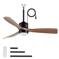42" ABS Blades Outdoor Ceiling Fan with LED Light Remote Control,Quiet DC Motor 6 Speed Levels,Adjust Height( 3 PCS Rod) Reversible Ceiling Fan, for Outdoor Use .(Matte Black+Wood)
