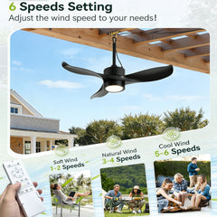 42" Outdoor Ceiling Fan with LED Light ,Remote Control,Quiet DC Motor 6 Speed Levels,Adjust Height( 3 PCS Rod) Reversible Ceiling Fan, for Outdoor Use .(Matte Black)