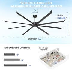 120 INCH Large Size Industrial DC Motor Ceiling Fan with 8 PCS Aluminum Blades ,6-Speed Remote Control, Adjust Height ( 3 Down rods) Commercial Ceiling Fan Without Light For Porch/Garage/Shop-BLACK