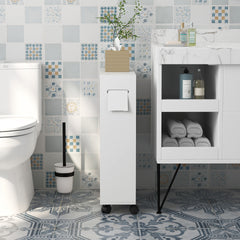 kleankin Toilet Paper Cabinet, Slim Bathroom Cabinet with 4 Rolling Wheels, Small Bathroom Storage Cabinet with Paper Holes, Sliding Doors and Adjustable Shelf for Small Space, White