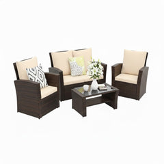 4-Piece All Weather Wicker Patio Conversation Set with Brown Cushions and Glass Table