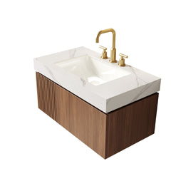 MURI 36" Bathroom Vanity&Sink, Floating Plywood Storage Cabinet with Drawer&Door, Carrara White Sintered Stone Top&Ceramic Basin with 3 Pre-drilled Faucet Holes, Pre-assembled, Brown Oak Woodgrain