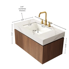 MURI 36" Bathroom Vanity&Sink, Floating Plywood Storage Cabinet with Drawer&Door, Carrara White Sintered Stone Top&Ceramic Basin with 3 Pre-drilled Faucet Holes, Pre-assembled, Brown Oak Woodgrain