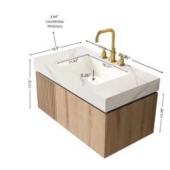 MURI 36" Bathroom Vanity&Sink, Floating Plywood Storage Cabinet with Drawer&Door, Carrara White Sintered Stone Top&Ceramic Basin with 3 Pre-drilled Faucet Holes, Pre-assembled, White Oak Woodgrain