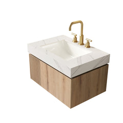 MURI 30" Bathroom Vanity&Sink, Floating Plywood Storage Cabinet with Drawer&Door, Carrara White Sintered Stone Top&Ceramic Basin with 3 Pre-drilled Faucet Holes, Pre-assembled, White Oak Woodgrain