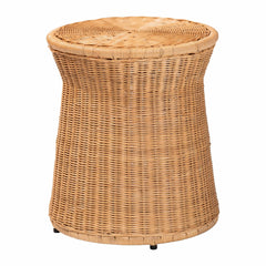 Round Natural Rattan End Table - Handwoven Wicker Drum Shape Accent Table for Living Room or Sunroom, Light Honey