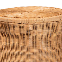 Round Natural Rattan End Table - Handwoven Wicker Drum Shape Accent Table for Living Room or Sunroom, Light Honey