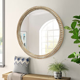 Round Decorative Wall Mirror, 35.43" Distressed Wood Beaded Frame Mirror for Entryway, Living Room, Bathroom, Farmhouse Style Accent Mirror