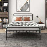 Metal Platform Bed Frame, Victorian Style Headboard/Footboard/Under Bed Storage/No Box Spring Needed/Queen Size Black