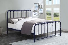 Metal Bed Blue Finish Queen Platform Bed 1pc, Bed in a Box