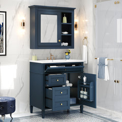 30'' Bathroom Vanity with Top Sink, Modern Bathroom Storage Cabinet with 2 Drawers and a Tip-out Drawer, Freestanding Vanity Set with Mirror Cabinet, Single Sink Bathroom Vanity