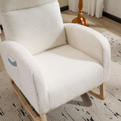Modern Accent Rocking Chair Rocking Chair with Solid Wood Legs, Upholstered Nursery Glider Rocker, Comfy Armchair with Side Pocket, Living Room Lounge Arm Chair with High Backrest (white,teddy)