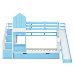 Twin-Over-Twin Castle Style Bunk Bed with 2 Drawers 3 Shelves and Slide - Blue(OLD SKU:LT000559AAC-1)