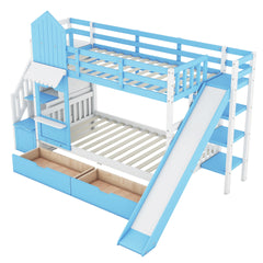 Twin-Over-Twin Castle Style Bunk Bed with 2 Drawers 3 Shelves and Slide - Blue(OLD SKU:LT000559AAC-1)