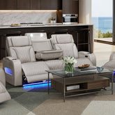 Jazmina 84"W Ice White Leather Aire Transformer Power Reclining Sofa with Power Headrest, LED Lights, Wireless Charging Drop-Down Table, USB & USB-C Ports, Storage & Cupholders