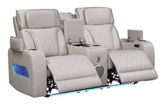 Jazmina 74"W Ice White Leather Aire Transformer Power Reclining Loveseat with Power Headrest, Bluetooth Speakers, LED Lights, USB & USB-C Ports, Storage & Cupholders