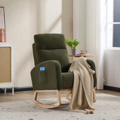 Modern Accent Rocking Chair Rocking Chair with Solid Wood Legs, Upholstered Nursery Glider Rocker, Comfy Armchair with Side Pocket, Living Room Lounge Arm Chair with High Backrest (green,teddy)
