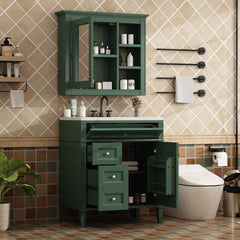30'' Bathroom Vanity with Top Sink, Modern Bathroom Storage Cabinet with 2 Drawers and a Tip-out Drawer, Freestanding Vanity Set with Mirror Cabinet, Single Sink Bathroom Vanity (Same as SW000126AAF)