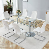 Table and chair set.71 inch x 35.4-inch tempered glass table,White High-quality PU Chairs With Arched Metal Legs, Modern Kitchen Table & 6 Seater Dining Room Furniture Set for Family Gatherings.