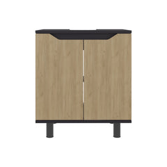 Marlo Under Sink Cabinet with Two Doors and Interior Storage Shelves, Cut-Out Back, 22 Wide Freestanding, Modern Bathroom Storage, Black, Natural Oak