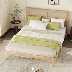 Queen Size Rubber Wooden, Solid Wooden Bed with Rattan Headboard, Enhanced by Support Feet,Natural