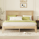 Queen Size Rubber Wooden, Solid Wooden Bed with Rattan Headboard, Enhanced by Support Feet,Natural