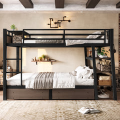 Full Size Metal Bunk Bed with Storage Shelves , LED light strip, and USB power strip, black