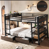 Full Size Metal Bunk Bed with Storage Shelves , LED light strip, and USB power strip, black