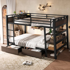 Full Size Metal Bunk Bed with Storage Shelves , LED light strip, and USB power strip, black
