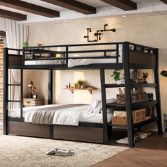Full Size Metal Bunk Bed with Storage Shelves , LED light strip, and USB power strip, black