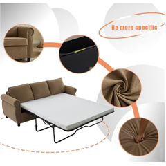 81.5" 2-in-1 Queen Convertible Sleeper Sofa Bed, Pull Out Couch Bed,3 seater sofa bed,with 3.35" Memory Foam Mattress ,Rivet handrail,Living Room, Apartment, Brown