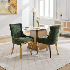 Chenille Dining Chairs, Modern Style with Curved Gold - Plated Legs & Rivet Trim, Upholstered Comfort for Dining/Lounge, Accent Seating with Textured Fabric & One - Piece Structure, Green,Set of 2