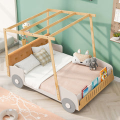 Wood Full Size Car Bed with Pillow, Ceiling Cloth Natural