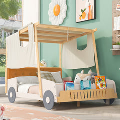 Wood Full Size Car Bed with Pillow, Ceiling Cloth Natural