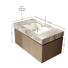 MURI 36" Bathroom Vanity&Sink, Floating Plywood Storage Cabinet with Drawer&Door, Light Gray Sintered Stone Top&Ceramic Basin with 1 Pre-drilled Faucet Hole, Pre-assembled, Heidelberg Woodgrain Color